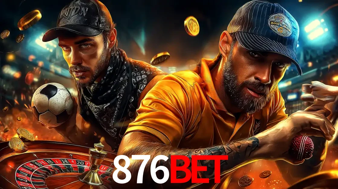 Montagem de apostas esportivas e cassino no 876bet, com um homem segurando uma bola de futebol e outro uma de beisebol sobre uma roleta e moedas voadoras.